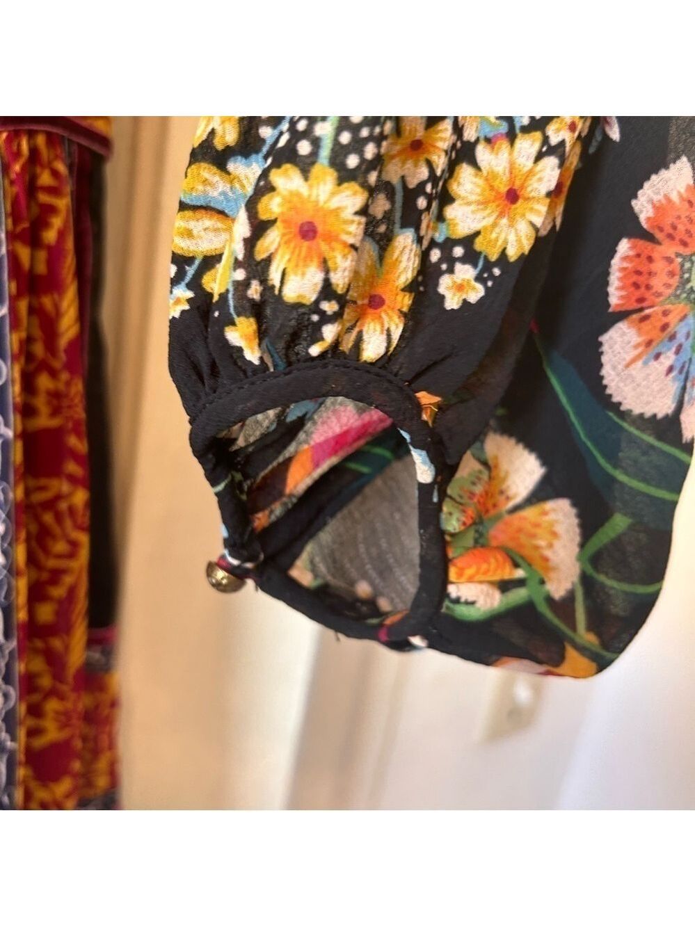 NEW Anthropologie Black Motif Boho Floral Velvet Trim Midi Dress Sz OUS Lined - Picture 4 of 14
